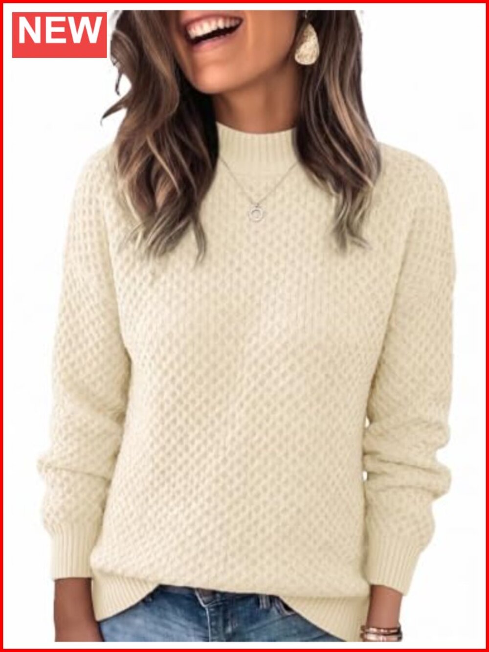 Waffle Knit Mock Neck Long Sleeve Chunky Pullover Sweater